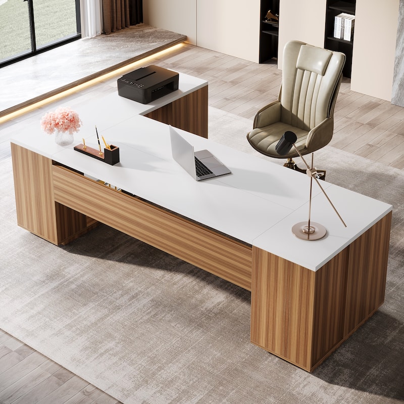 86'' L-Shaped Corner Executive Desk with File Drawers for Home Office - White+Brown