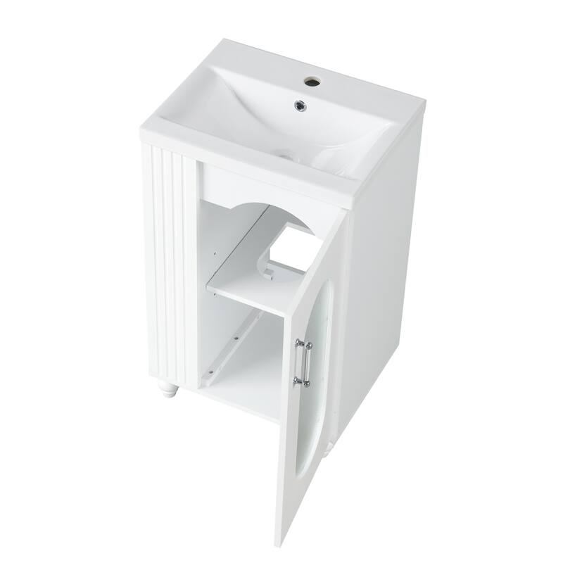 20" Small Bathroom Vanity with Ceramic Sink, Glass Door Bathroom Storage Cabinet with Toilet Paper Holder & Shelf, White
