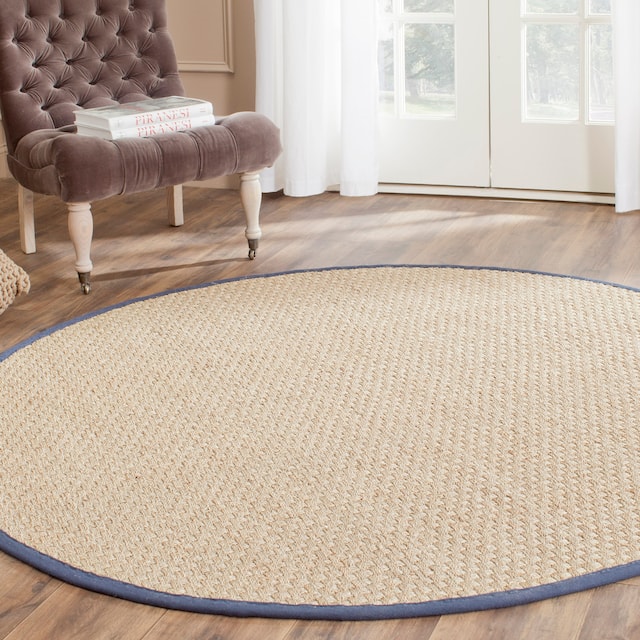 SAFAVIEH Natural Fiber Marina Basketweave Seagrass Rug - 8' x 8' Round - Natural/Blue