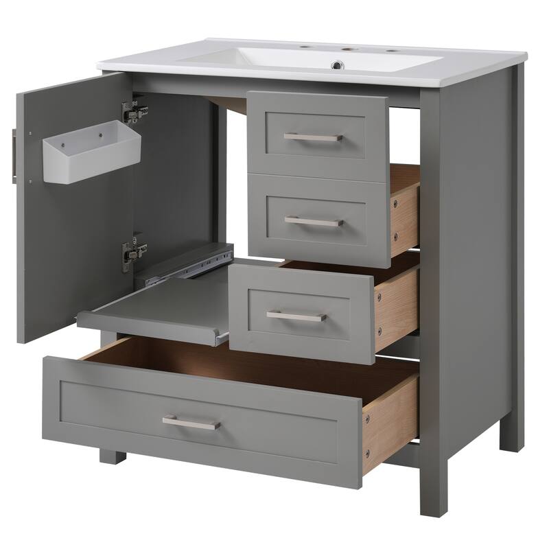 Multifunctional Storage Cabinet Bathroom Vanity with Removable Pull-out Tray, Door Storage Box and 3 Different Sizes Drawers