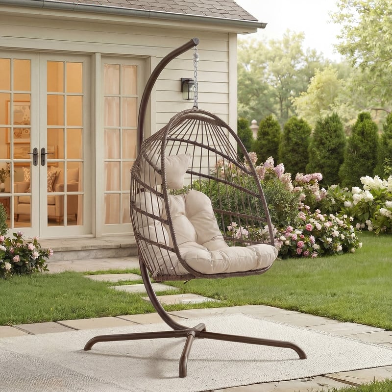 Oversized Wicker Hanging Egg Chair with Stand, Outdoor Indoor Swing Chair with Cushion, 350 lb Capacity - Brown
