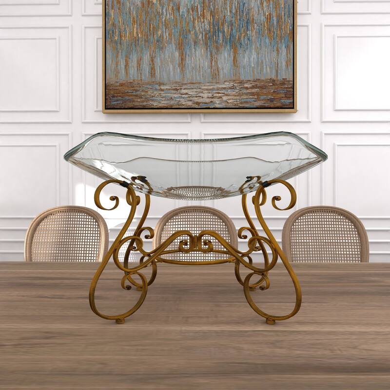 Clear Glass Kitchen Serving Bowl with Gold Metal Scroll Base