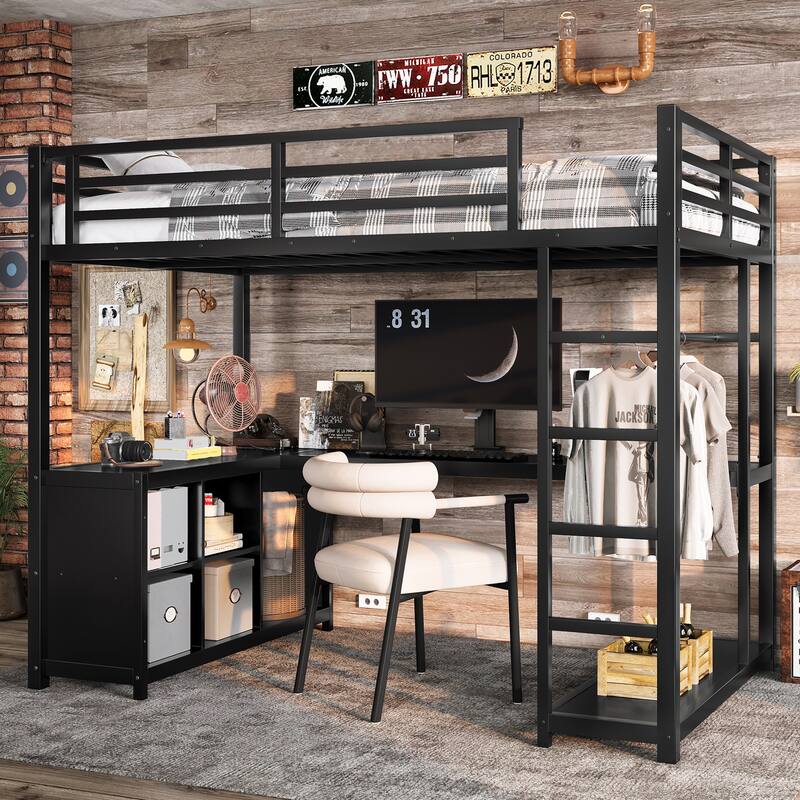 Twin/Twin XL Metal Loft Bed with Wardrobe & L-Shaped Desk - Loft Bed with Storage Cubes & Shelves for Teens, Adults - Twin