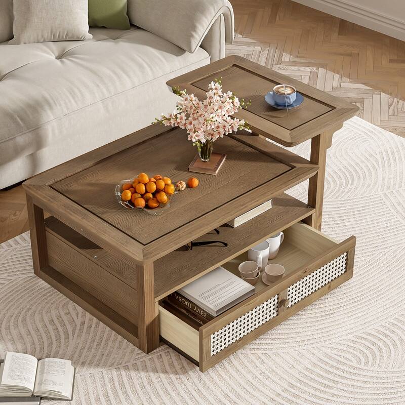 Modern Coffee Table, Coffee Table with 1 Storage Shelf, 2 Tabletops and 1 Rattan Drawer For Living Room