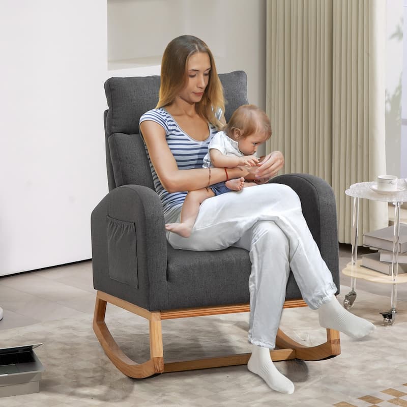 Nursery Chair Rocking Chair Glider Chair, Upholstered Accent Chair with Rubber Wood Legs, Comfy High Backrest, Side Pockets