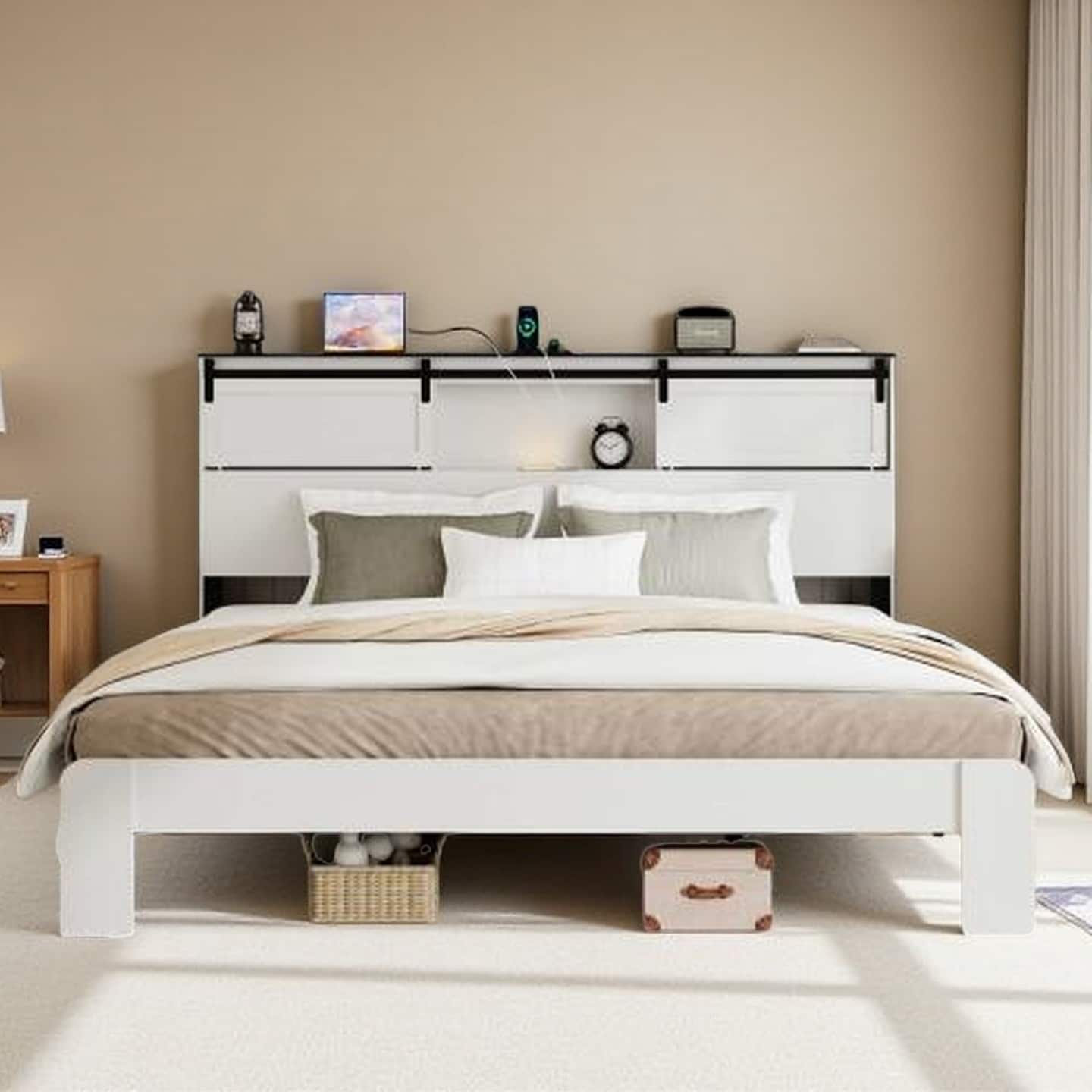 Wood+Metal Platform Bed with Storage Headboard and Built-in USB Charging Ports - Sturdy Noise-Free Frame