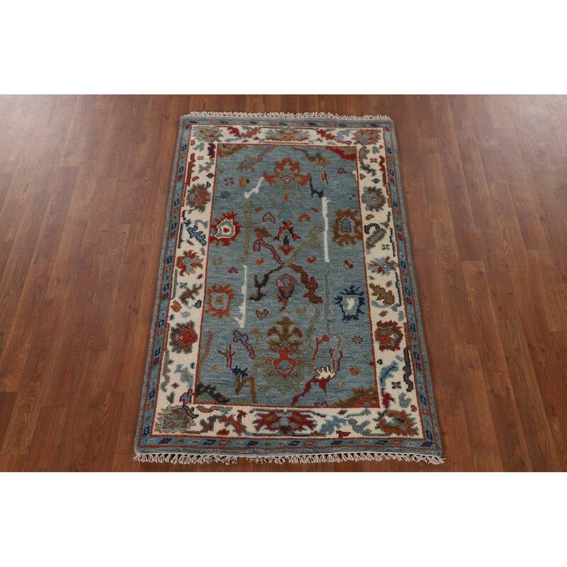 Transitional Blue Oushak Oriental Accent Rug Handmade Wool Carpet - 3'1"x 4'10"