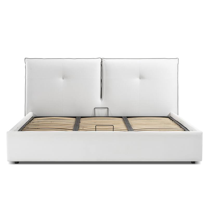 ARIA King in white pu-leather with taupe pu piping and storage.