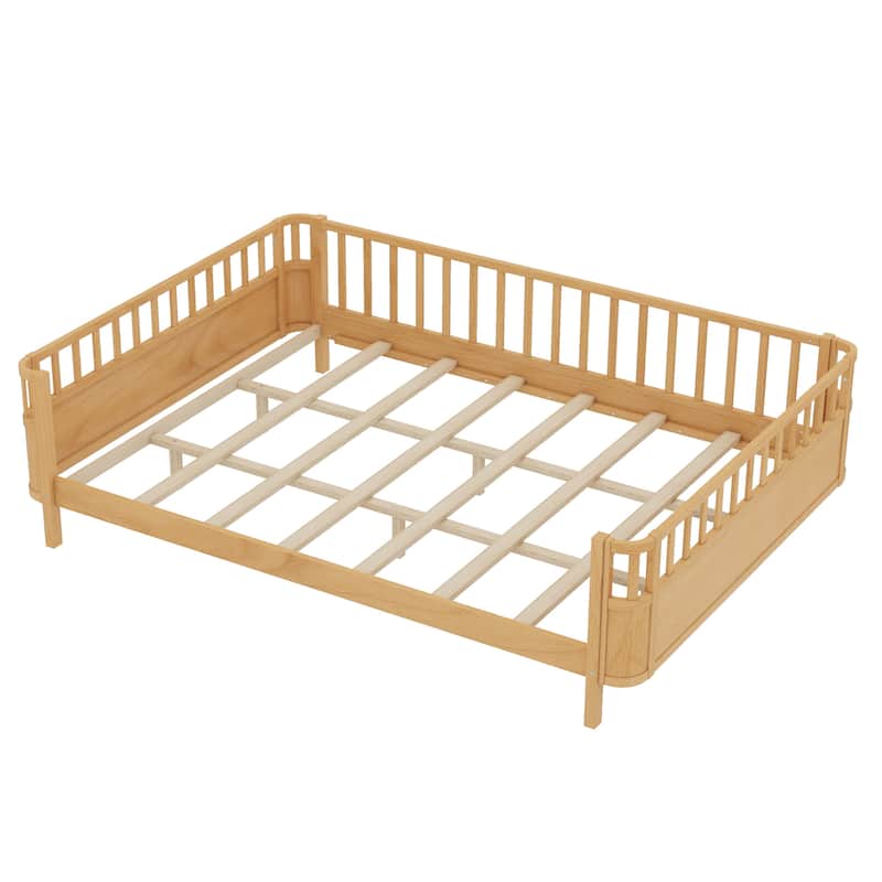 Multi Size Low Platform Bed for Kids with Rounded Corners Guardrails, Detachable Right-side Fence and Open Left-side Design