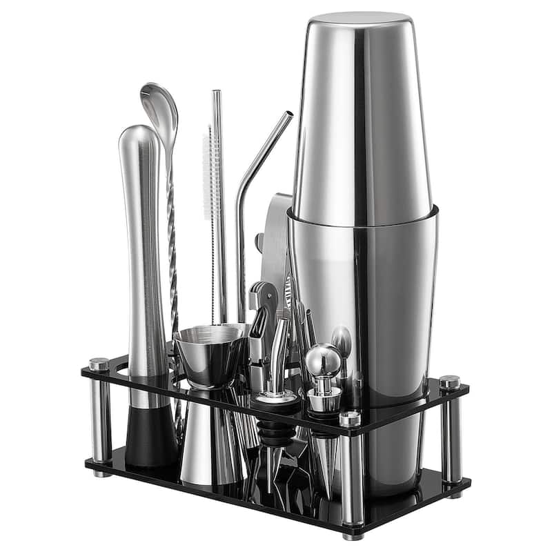 Stainless Steel Bartender Kit 14-Piece with Acrylic Stand & Shaker - 8.27 x 4.33 x 11.22 in