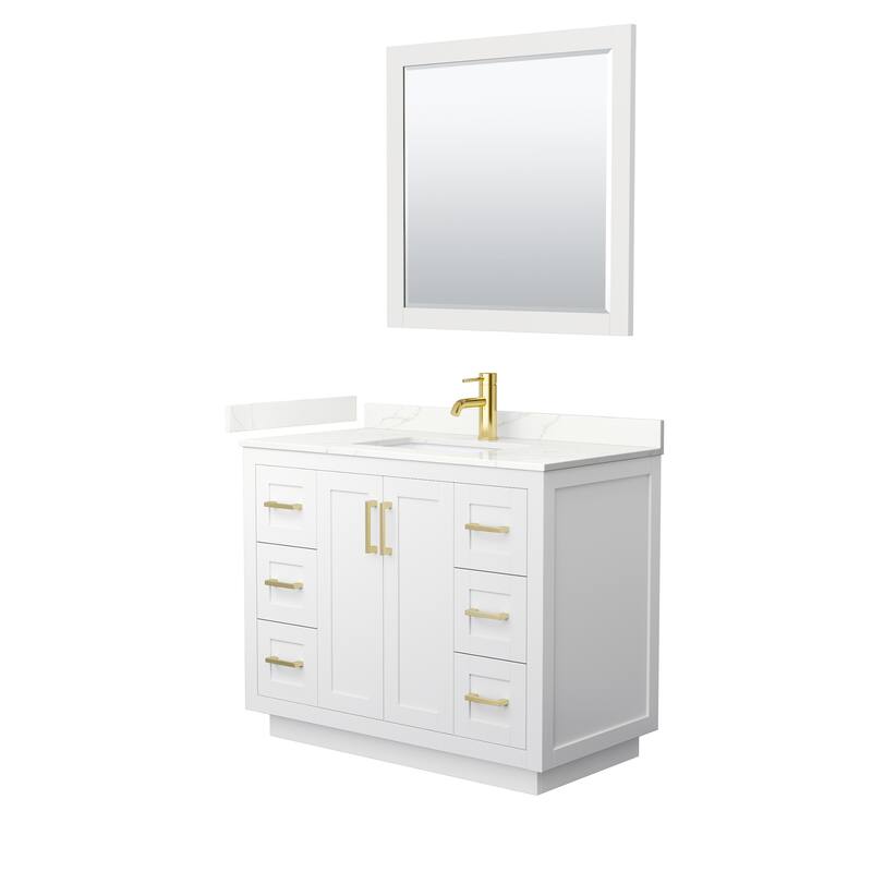 Miranda 42-inch Single Vanity, Quartz Top, 34-inch Mirror - White, Gold Trim, Giotto Quartz Top