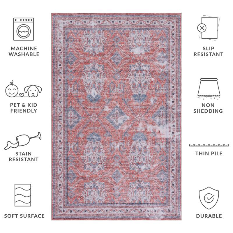 SAFAVIEH Tucson Machine Washable Slip Resistant Metije Oriental Distressed - 3' x 5' - Rust/Beige - Rectangle