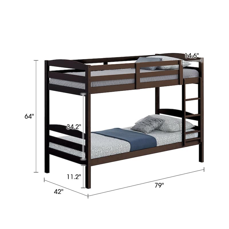 Modern Espresso Solid Wood Twin Over Twin Bunk Bed with Ladder