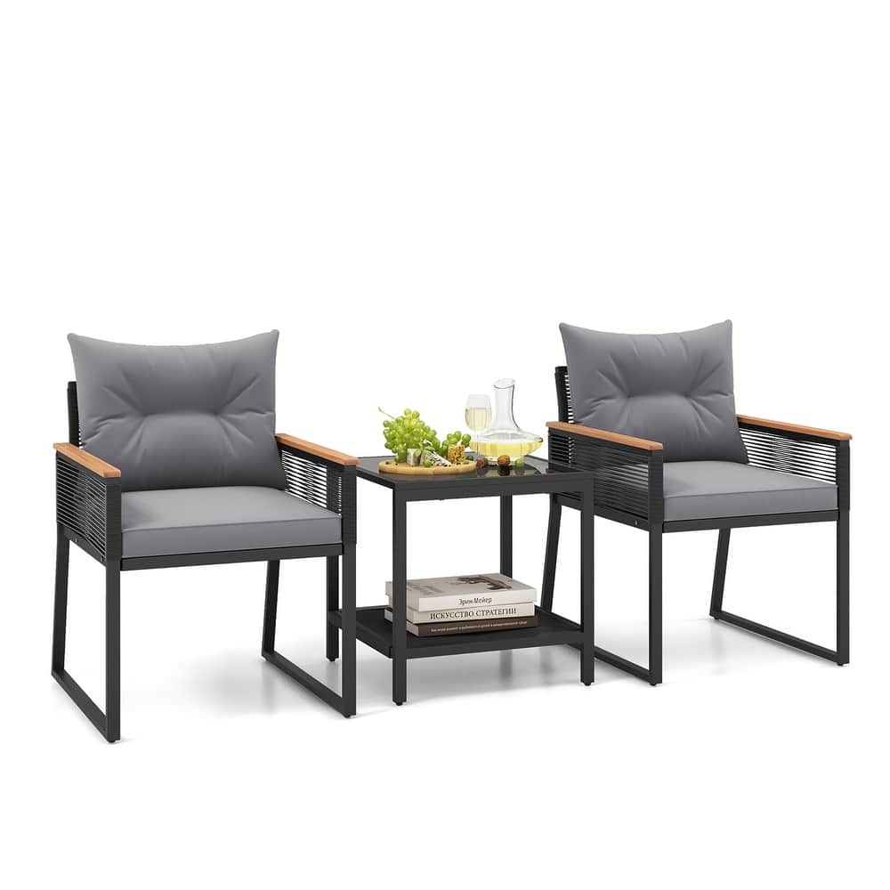 Gymax 3 PCS Patio Furniture Set PE Rattan Wicker Chairs w/ 2 Tier