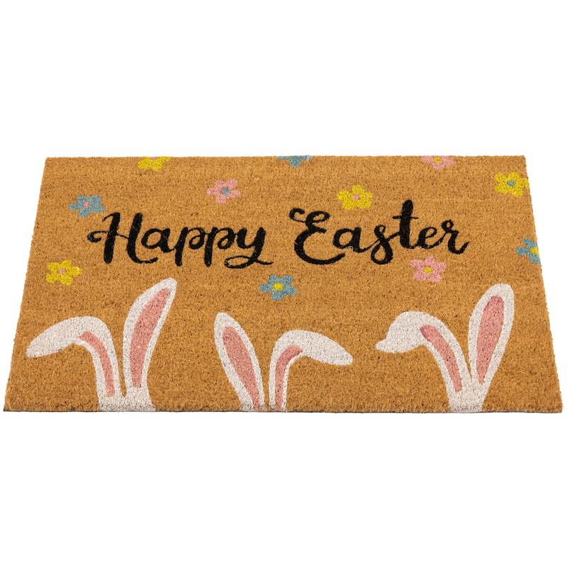 Natural Coir Happy Easter Bunny Ears Outdoor Doormat 18" x 30" - 18" x 30"