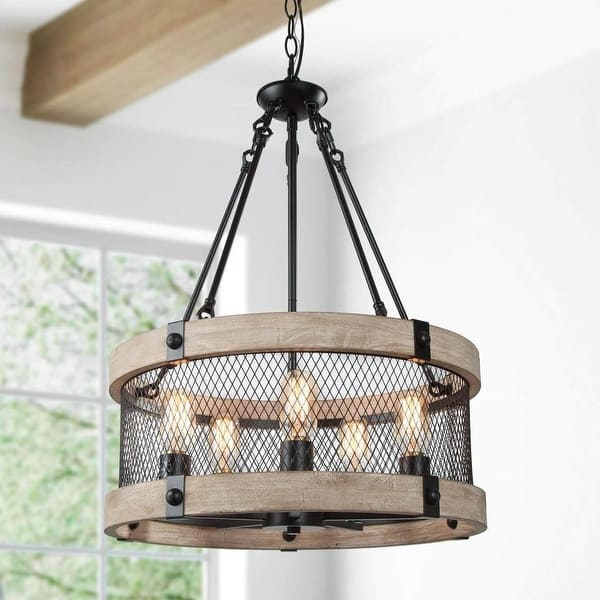 slide 2 of 10, Farmhouse Rustic 5-Light Wood Drum Chandelier for Dining Room Kitchen Island
