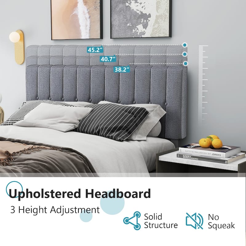 Full Size Platform Bed Frame with Fabric Upholstered Headboard and Wooden Slats Support, No Box Spring Needed/Easy Assembly