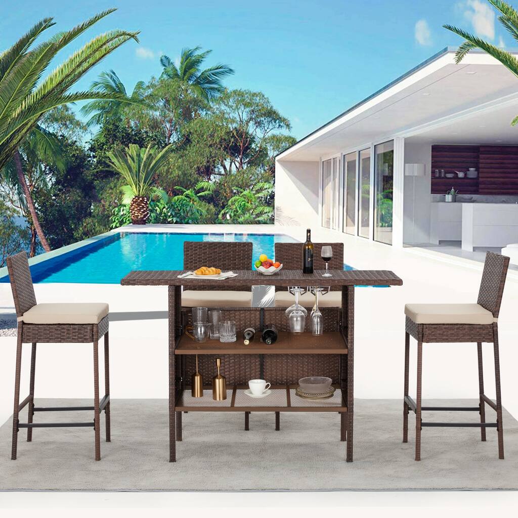 AVAWING 5PCS Patio Bar Set Outdoor Rattan Bar Set with Removable Cushion