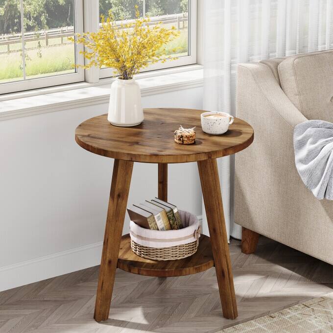Solid Wood End Table, 2 Tiers Round Side Table, Farmhouse Nightstand - 1PC - Brown