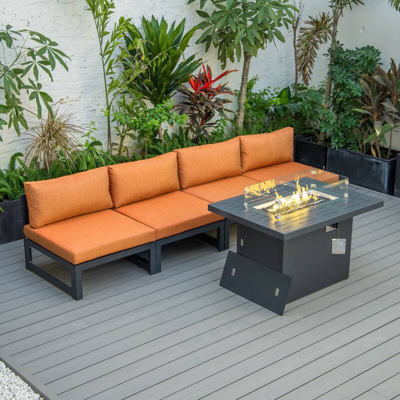 LeisureMod Chelsea 5-Piece Outdoor Patio Chairs and Fire Pit Table Set