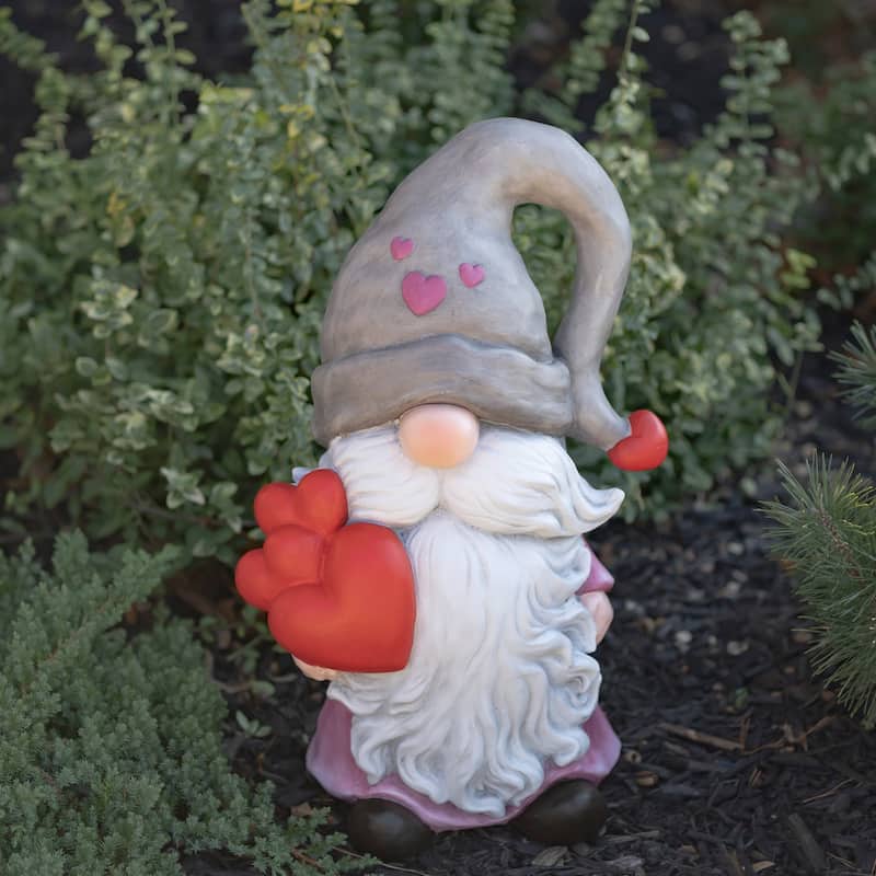 Magnesium Garden Gnome Holding Many Hearts with Grey Hat - None - Pink and Red - Medium