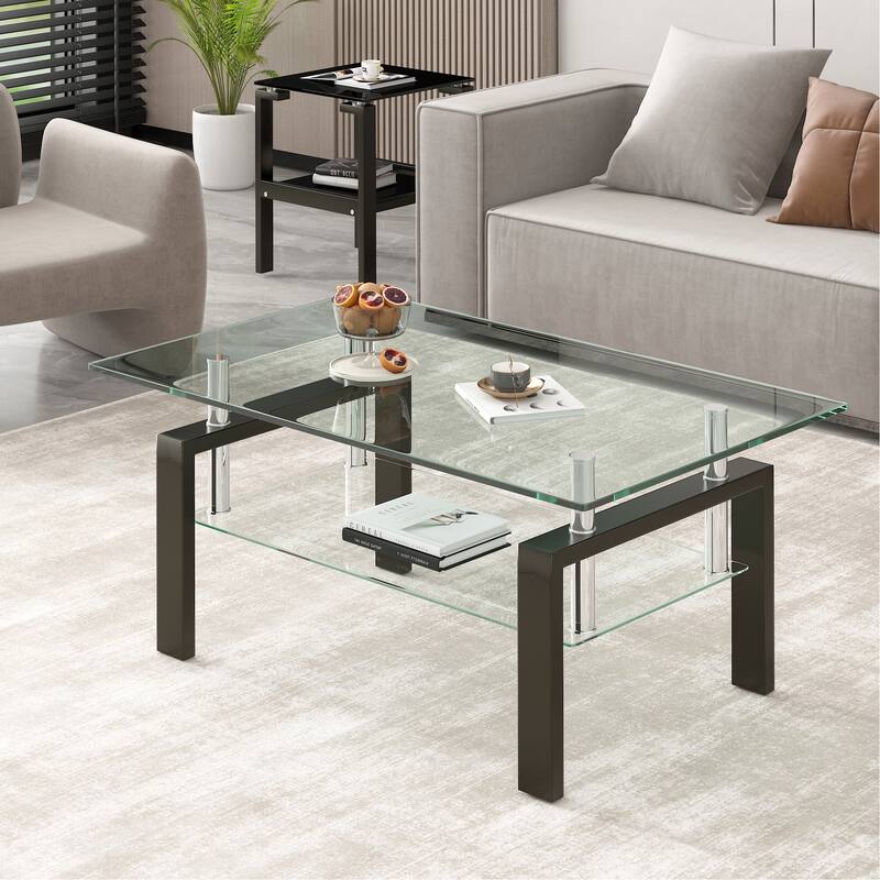 Tempered Clear Glass Coffee Table, 2-Layers Coffee Table - Transparent - Glass