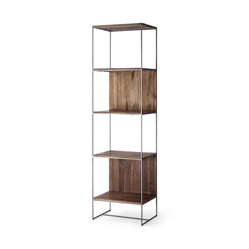 HomeRoots Brown Wood And Silver Metal Frame With 4 Shelf Shelving Unit