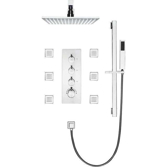 16" Wall Mount Rainfall 3 Way Thermostatic Faucet Shower System with Slide Bar, 6 Jets - Chrome