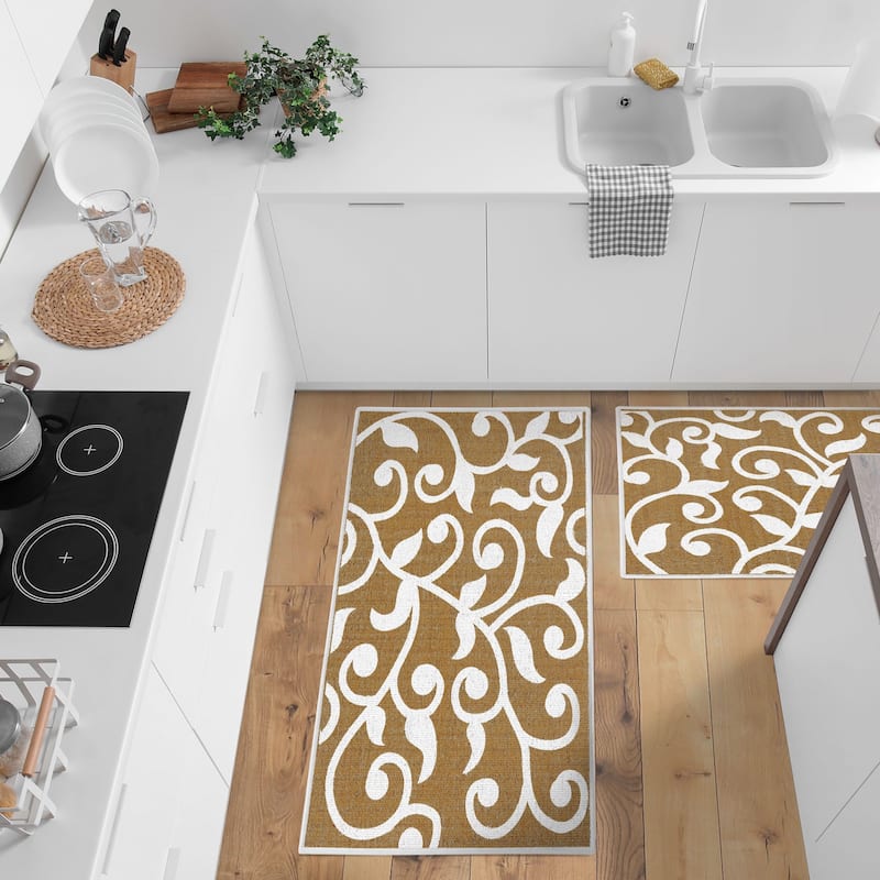 Non Skid Washable Kitchen Runner Rugs Set of 2 - Area Rugs for Kitchen, Laundry Room - Set of 2 - Leaves Beige