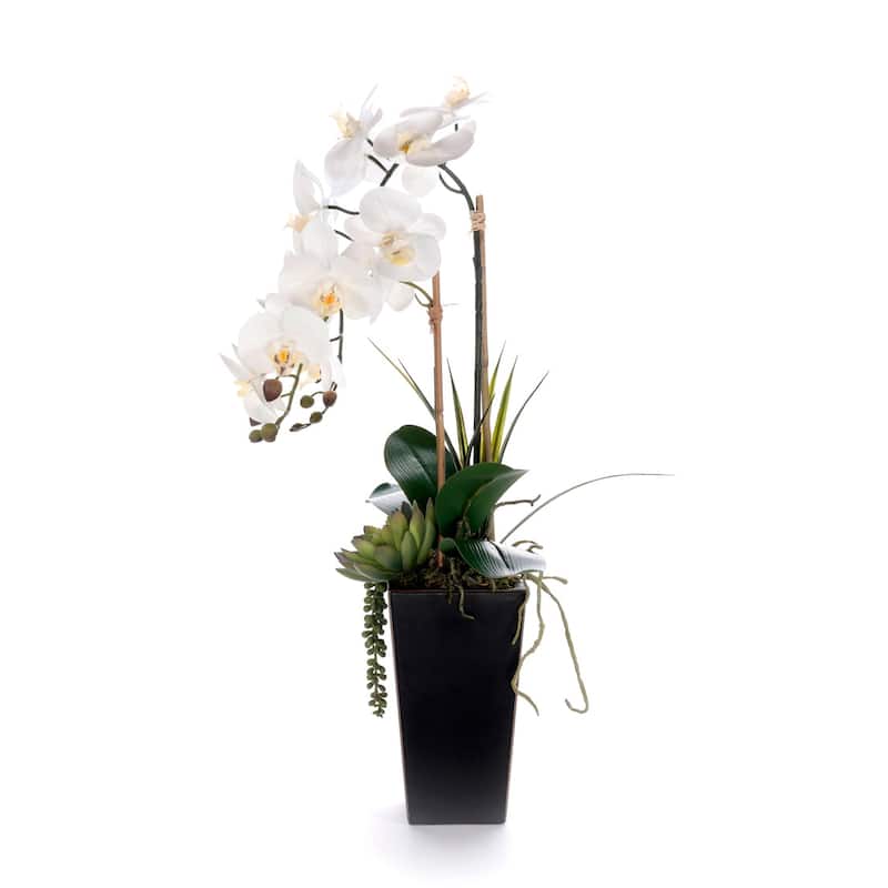 Real Touch White Orchid Flower Arrangement in Black Pot