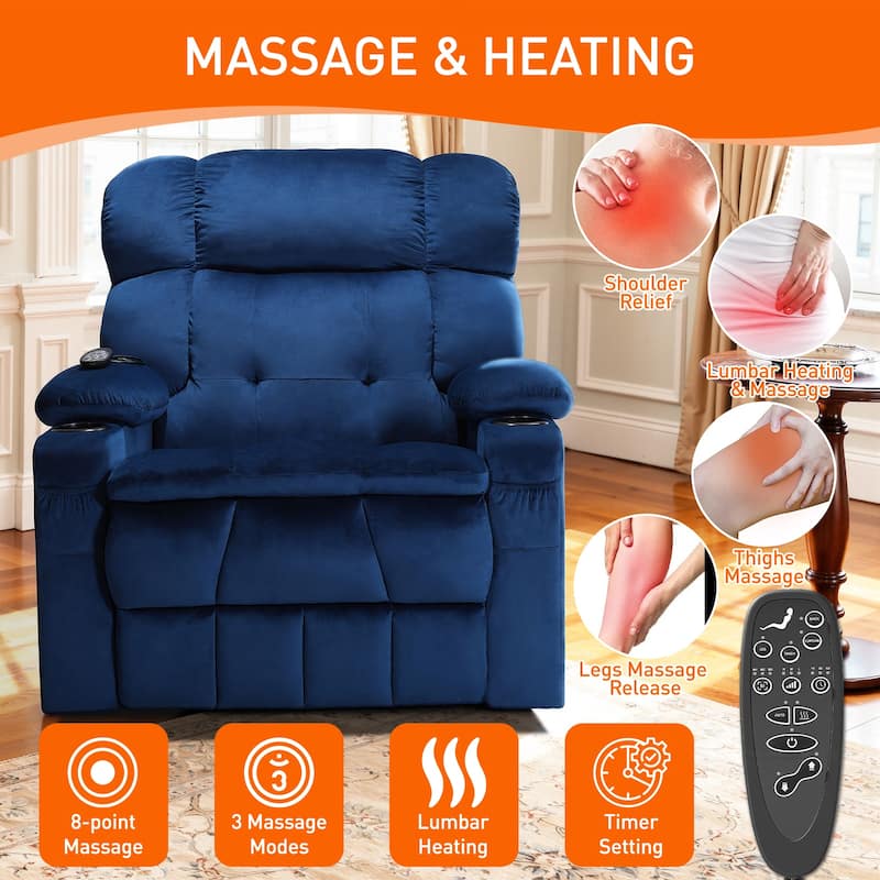 35" Wide Quiet Lift Velvet Recliner w/Massage and Heat