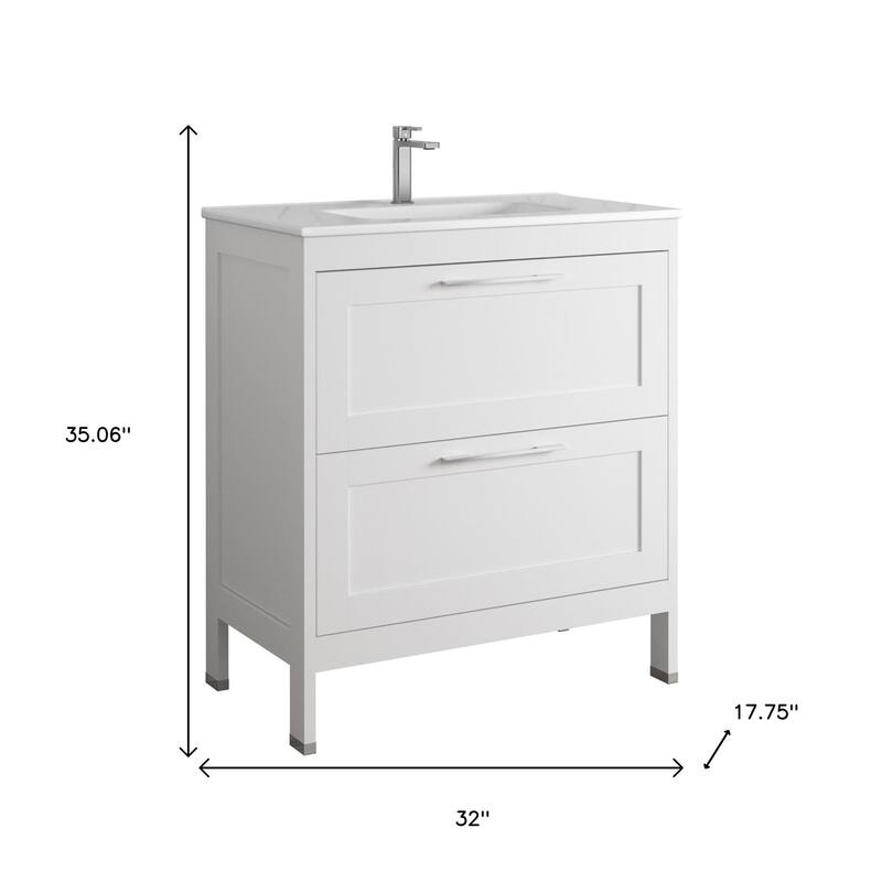 HomeRoots 32" White Wood Freestanding Bathroom Vanity With White Sink And Two Drawers - 32.00 in. x 35.06 in. x 17.75 in.