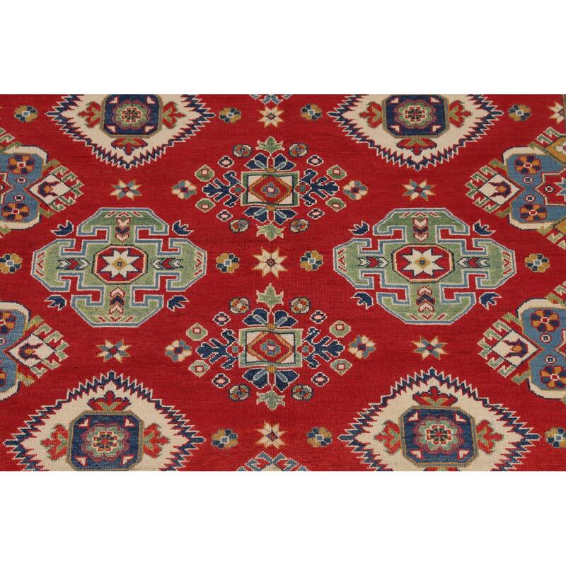 Geometric Red Kazak Area Rug Living Room Hand-Knotted Wool Carpet - 6'8" x 10'3"