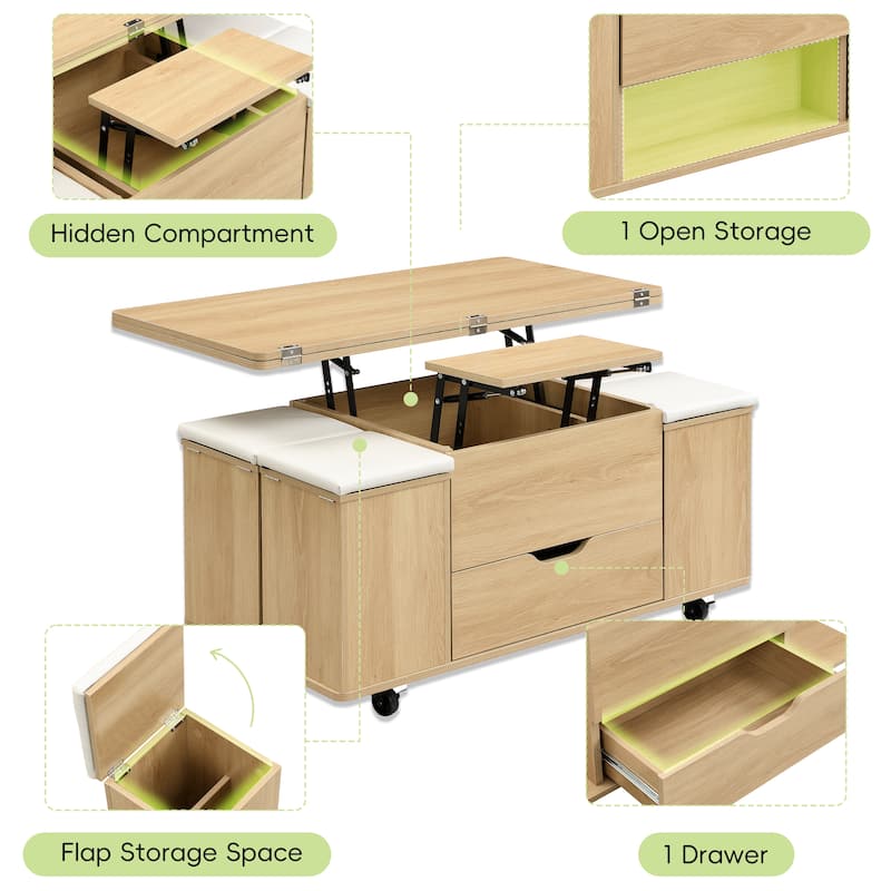Multi-Functional Lift-Top Coffee Table with Hidden Storage, 4 Stools & Casters, Modern Center Table for Small Spaces