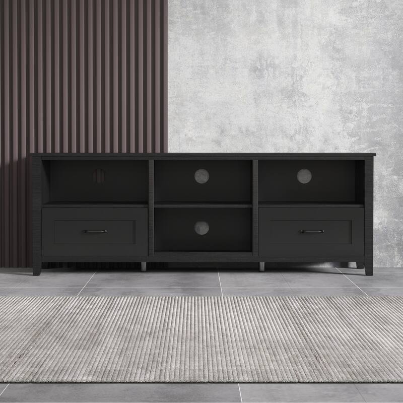 Contemporary TV Stand with 4 Open Storage Compartments and 2 Drawers, Fits 60 TVs, 70 W.