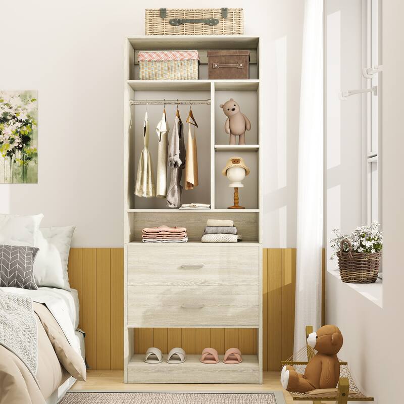 Kyrvo Freestanding 24" Closet System with 2 Wood Drawers,2FT Heavy Duty Walk-in Closet Organizer with 6 Shelves & Hanging Rod - White Oak