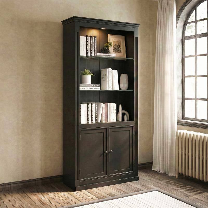 Farmhouse 78.75"Tall 4-Tier Display Shelf with Adjustable Glass Shelves and Dimmable Ceiling Light for Home Decor - Black