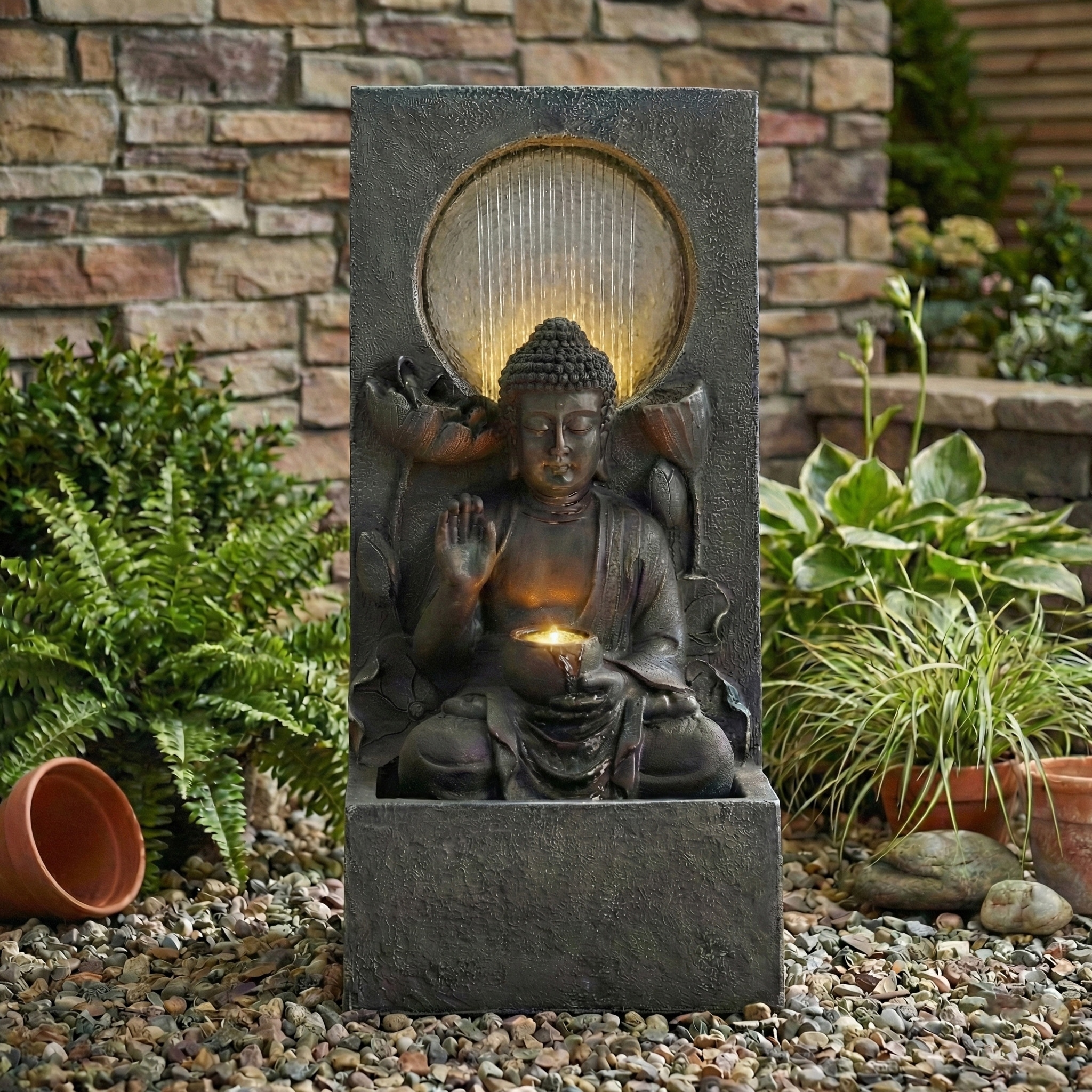 GDFStudio - Zen Fengshui Outdoor 28" H Freestanding Buddha Water Fountain with Calm Cascading Waterfall & LED Lights