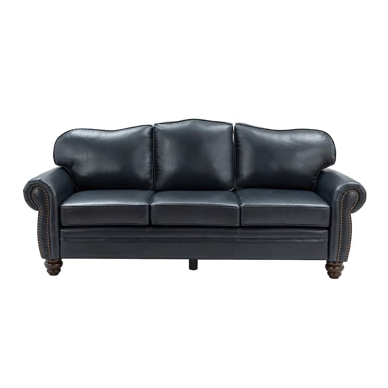 Balvino 81" Wide Transitional Genuine Leather Rolled Arm Nailhead Trim Sofa with Solid Wood Legs and Removable Cushions