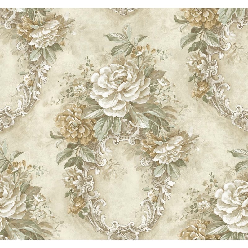 Seabrook Designs Euclid Floral Frame Unpasted Wallpaper - 27 in. W x 27 ft. L bolt 60.75 sq. ft. - Metallic Taupe & Golden Palm