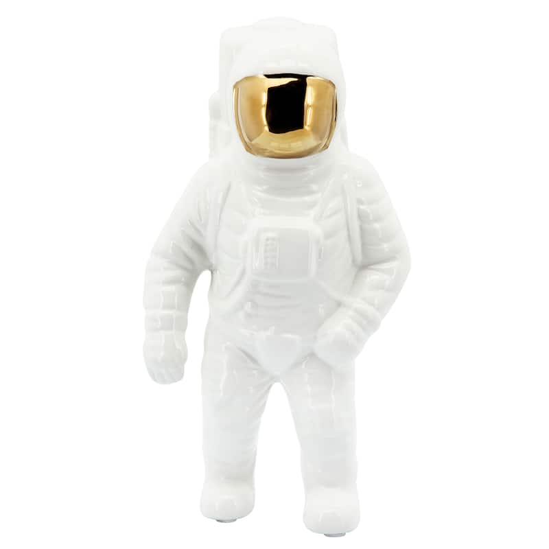 11" Ceramic Astronaut Sculpture Contemporary Modern Metallic Statuette Table Decor For Home or Office Space - 6" x 4" x 11"