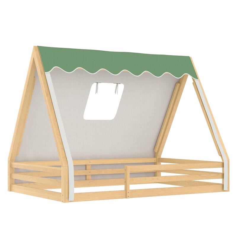 Full Size House Floor Bed with Tent and Light, Solid Wood Teepee Floor Bed with Full-length Guardrails