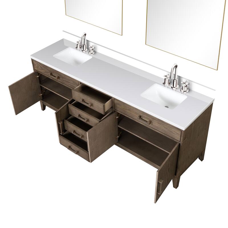 Laurel 60 in W x 22 in D Black Oak Double Bath Vanity, White Quartz Top, Faucet Set, and 28 in Mirrors