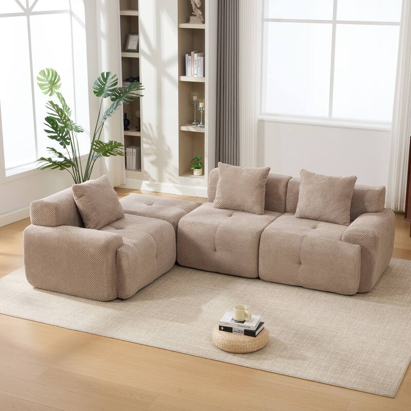 104"W Modern Upholstered Sectional Sofa with 3 Pillows and Ottoman
