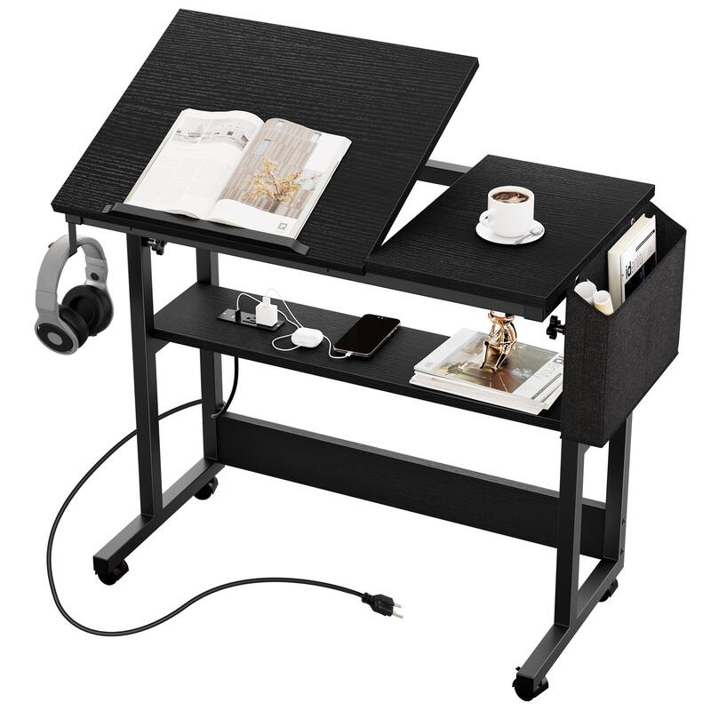 Portable Computer Desk Height Adjustable Laptop Table with Wheels Charging Station - Black