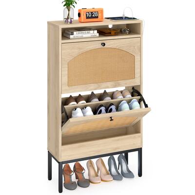 Shoe Storage Cabinet With Rattan Flip Doors