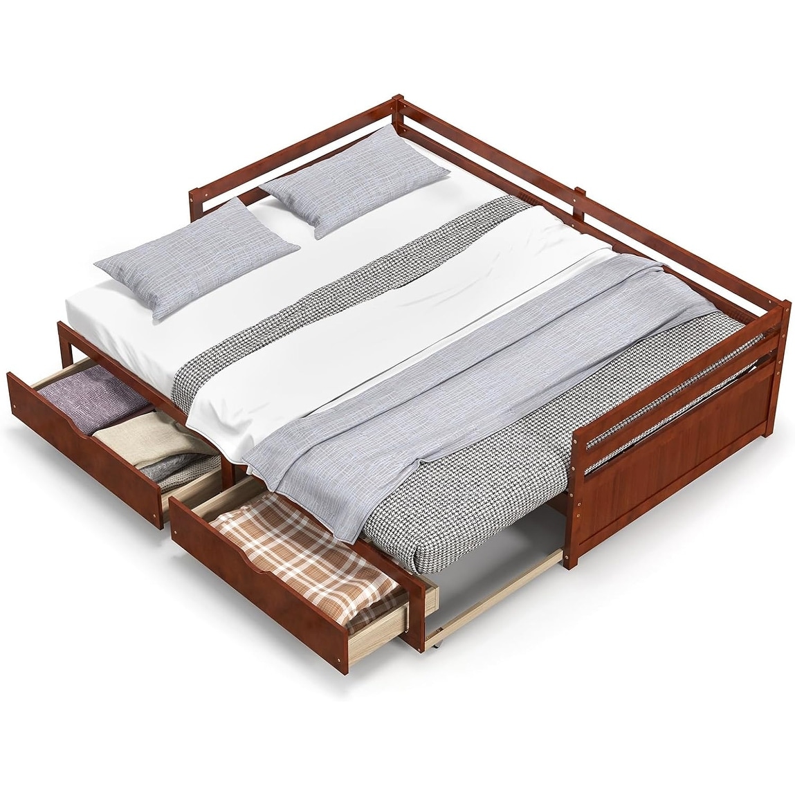 Wood Daybed with Trundle, Extendable Twin to King Frame with 2 Storage Drawers, Space Saving Sofa Bed for Bedroom, Guest Room