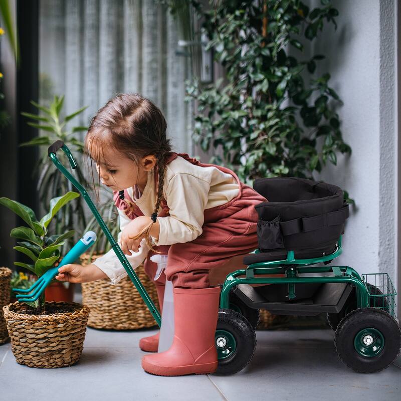 Rolling Garden Cart with Cushioned Backrest & Seat, Outdoor Gardening Stool for Planting, Garden Scooter - 35 x 29.1 x 23.6