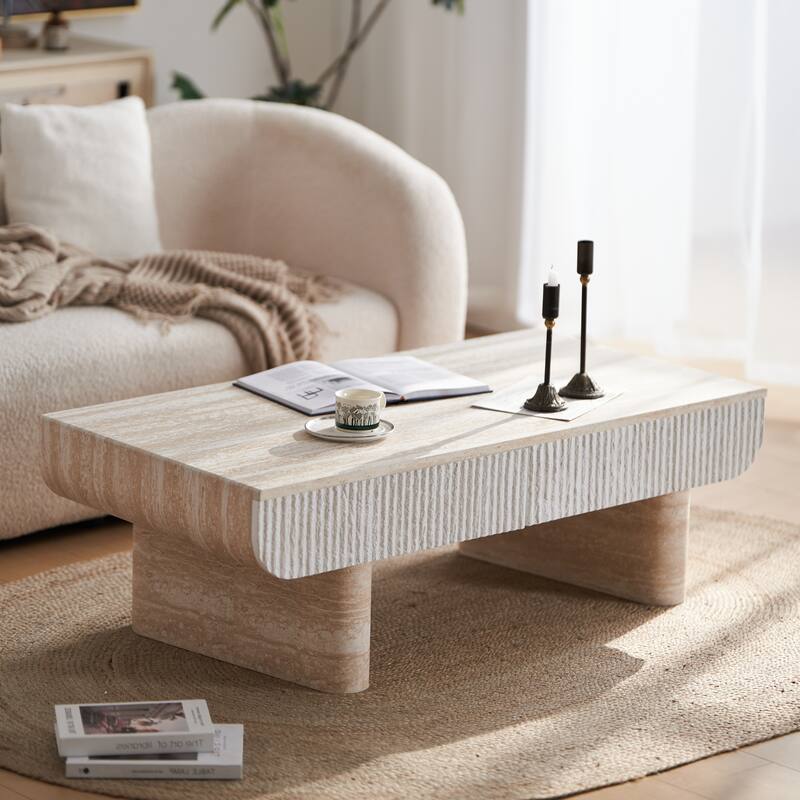 Coffee Table with Faux Marble Tabletop, Mid Century Modern Coffee Table with Fluted Drawer, Coffee Table for Living Room