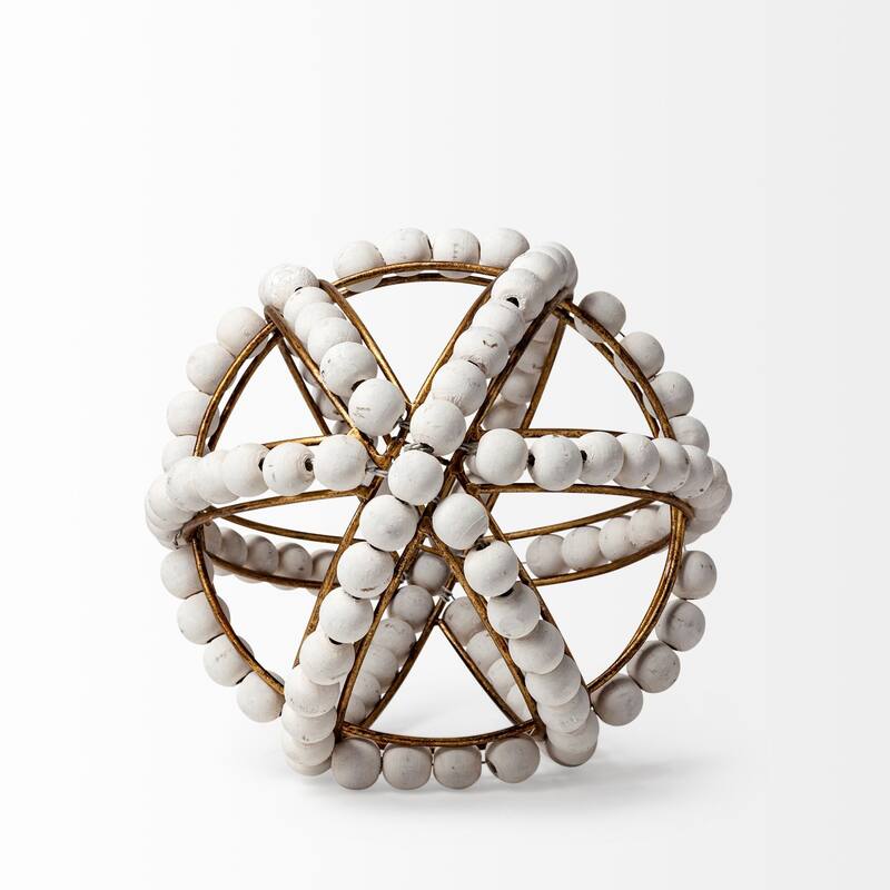 White Wooden Bead and Gold Orb Sculpture